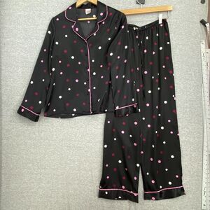 Gilligan & O'Malley 2 Piece Sleepwear Womens Small Black Pink Polka Dots Button